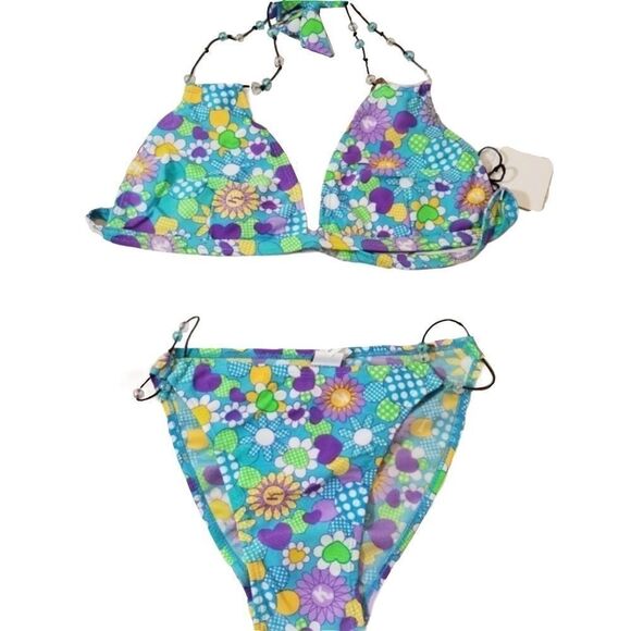 Blue Floral Hearts Retro Print Top Bottom Bikini Set - Picture 3 of 4